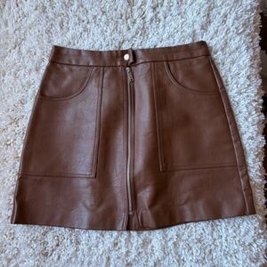 Stradivarius Brown Faux Leather Mini Skirt Zip Front Pockets Y2K Size 8
